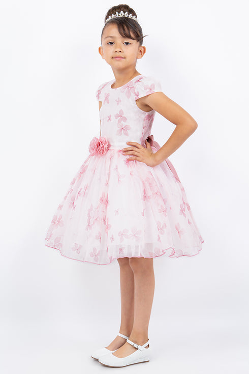 Girls Floral Puff Sleeve Dress with 3D Flower Waistband 2-12